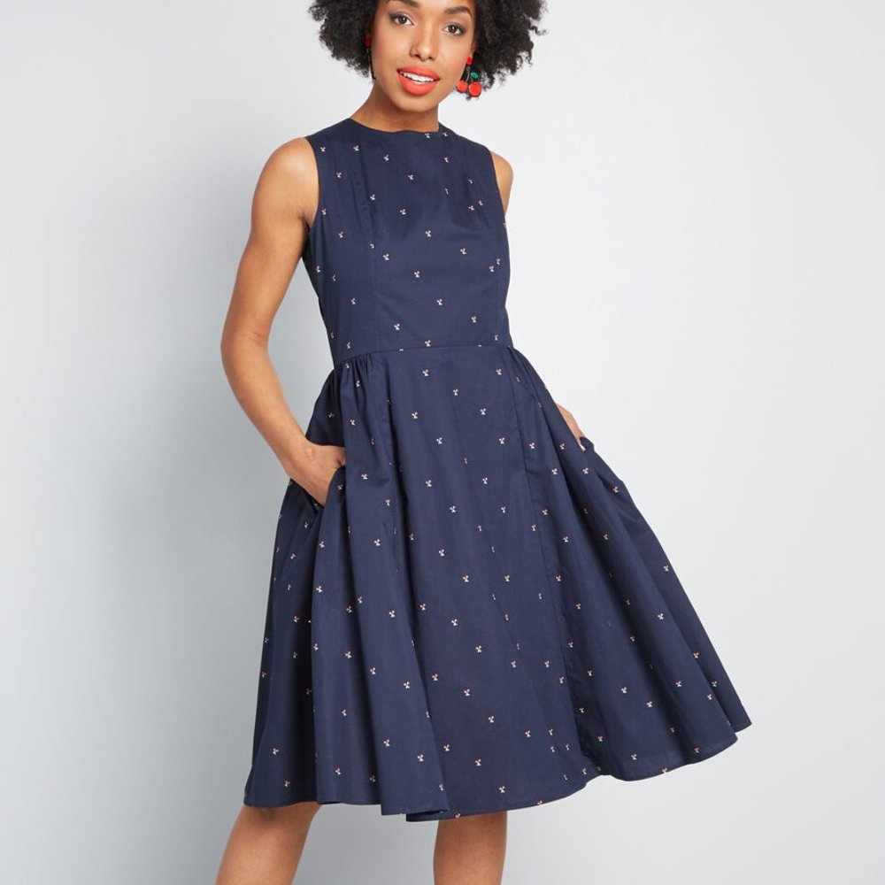 Modcloth Cherry Dress Cross Open Back Midi